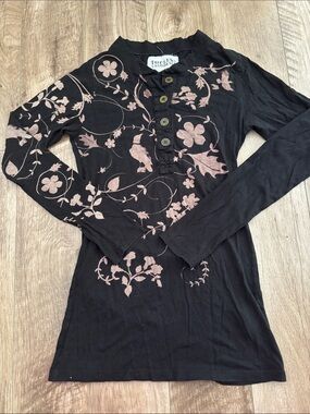 Women's Black Long-Sleeve Henley Tee with Light Pink Floral Print from Revolve